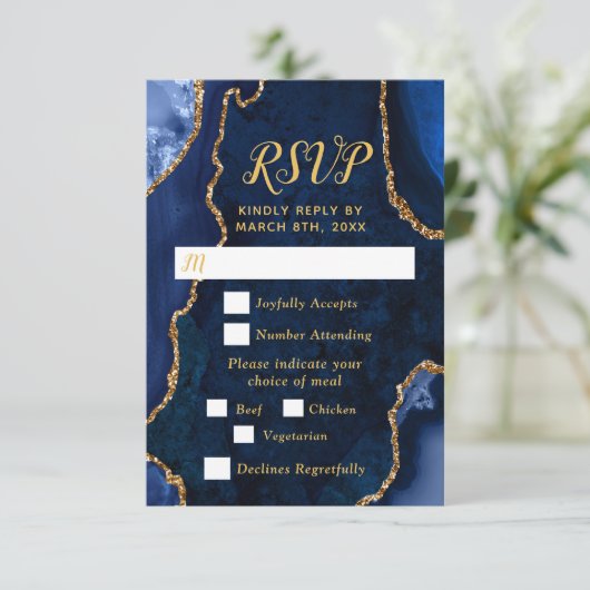 Navy Blue and Gold Agate Wedding Meal Choice 出欠カード (スタンド正面)