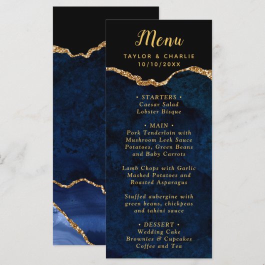 Navy Blue and Gold Agate Wedding Menu メニュー (正面/裏面)