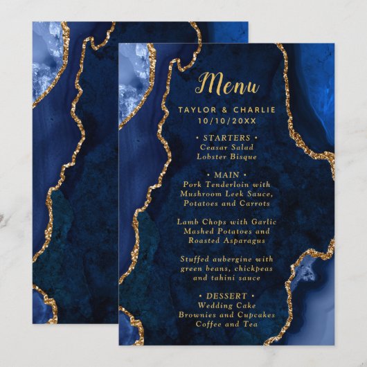 Navy Blue and Gold Agate Wedding Menu メニュー (正面/裏面)