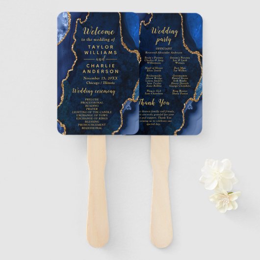 Navy Blue and Gold Agate Wedding Program ハンドファン (正面&裏面)