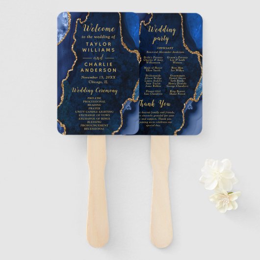 Navy Blue and Gold Agate Wedding Program ハンドファン (正面&裏面)