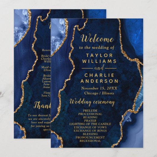 Navy Blue and Gold Agate Wedding Program プログラム (正面/裏面)