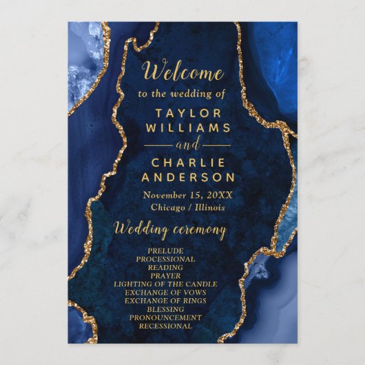 Navy Blue and Gold Agate Wedding Program プログラム (正面)