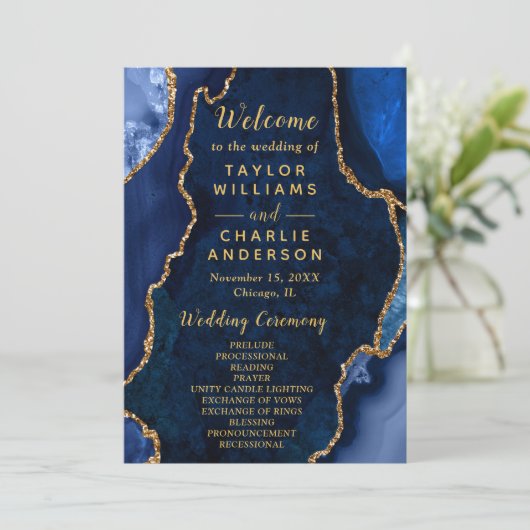 Navy Blue and Gold Agate Wedding Program プログラム (スタンド正面)