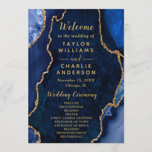 Navy Blue and Gold Agate Wedding Program プログラム (正面)