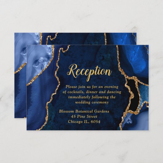 Navy Blue and Gold Agate Wedding Reception エンクロージャーカード (正面/裏面)