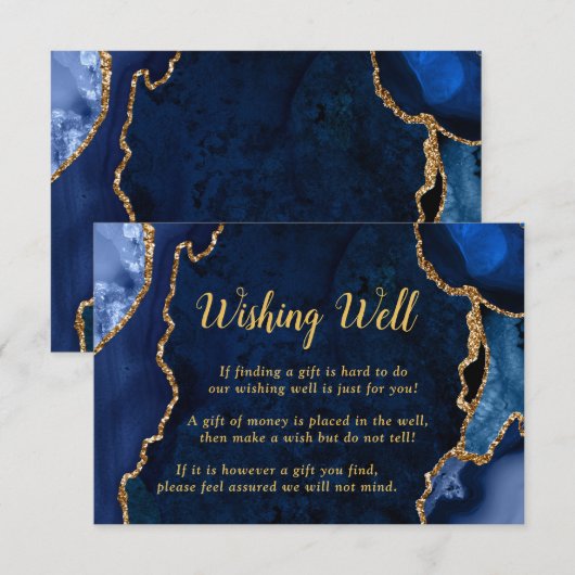 Navy Blue and Gold Agate Wedding Wishing Well エンクロージャーカード (正面/裏面)