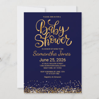 Navy Blue and Gold Baby Shower Invitation 招待状