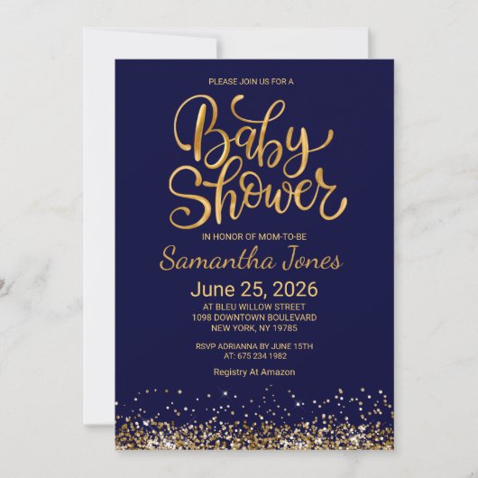 Navy Blue and Gold Baby Shower Invitation 招待状 (正面)