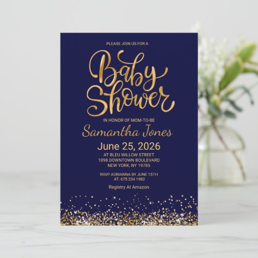 Navy Blue and Gold Baby Shower Invitation 招待状 (スタンド正面)