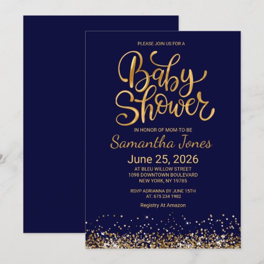 Navy Blue and Gold Baby Shower Invitation 招待状 (正面/裏面)