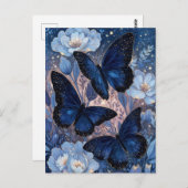 Navy Blue and Gold Butterfly with Blue Flower ポストカード (正面/裏面)