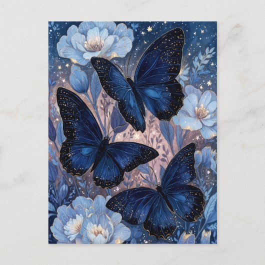 Navy Blue and Gold Butterfly with Blue Flower ポストカード (正面)