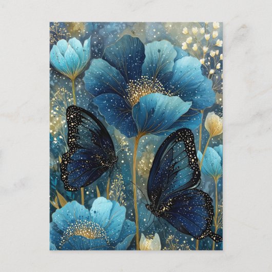 Navy Blue and Gold Butterfly with Teal Flower ポストカード (正面)