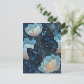 Navy Blue and Gold Butterfly with White Flower ポストカード (スタンド正面)