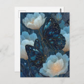 Navy Blue and Gold Butterfly with White Flower ポストカード (正面/裏面)