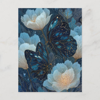 Navy Blue and Gold Butterfly with White Flower ポストカード