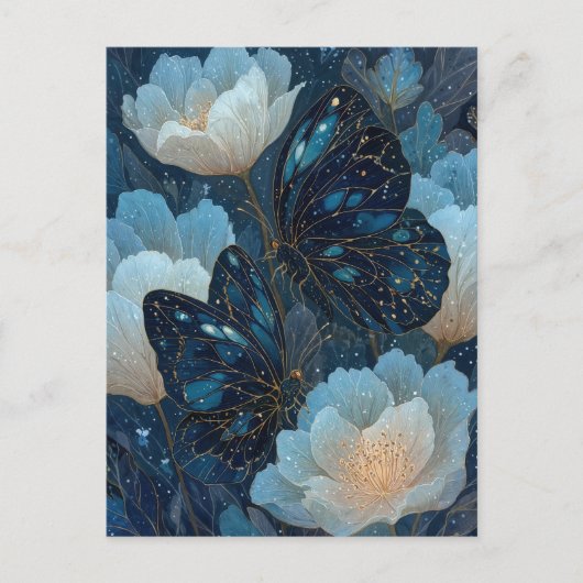Navy Blue and Gold Butterfly with White Flower ポストカード (正面)