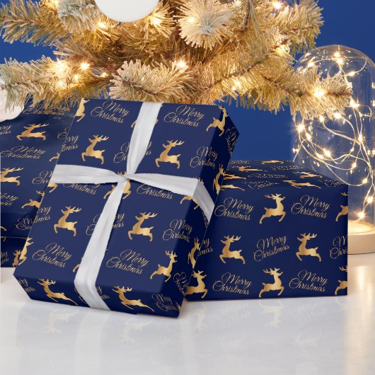 Navy Blue and Gold Christmas Reindeers ラッピングペーパー (クリスマス)