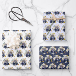 Navy Blue and Gold Elegant Flowers  ラッピングペーパーシート