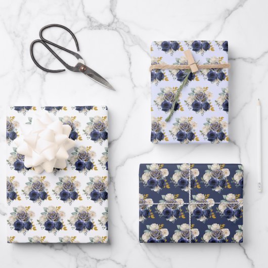 Navy Blue and Gold Elegant Flowers  ラッピングペーパーシート (正面)