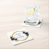 Navy Blue and Gold Elegant Flowers Birthday スクエアペーパーコースター (インサイチュ)