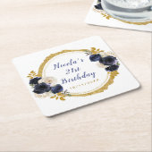 Navy Blue and Gold Elegant Flowers Birthday スクエアペーパーコースター (アングル)
