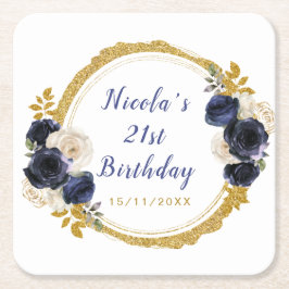 Navy Blue and Gold Elegant Flowers Birthday スクエアペーパーコースター