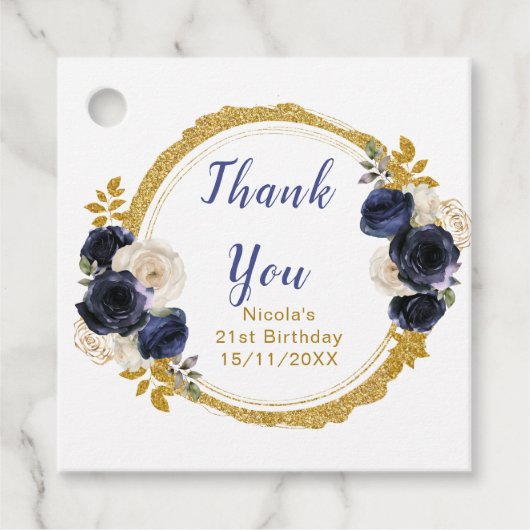 Navy Blue and Gold Elegant Flowers Birthday フェイバータグ (正面)
