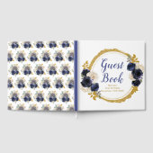 Navy Blue and Gold Elegant Flowers Birthday Party ゲストブック (全面)