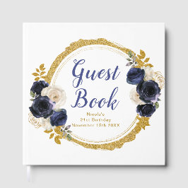 Navy Blue and Gold Elegant Flowers Birthday Party ゲストブック