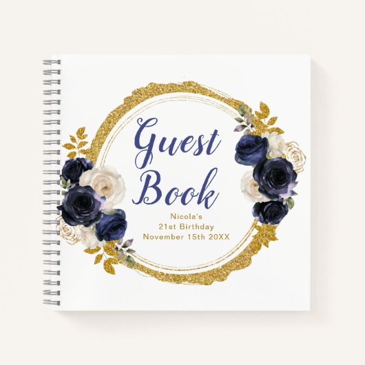 Navy Blue and Gold Elegant Flowers Birthday Party ノートブック (正面)