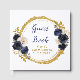 Navy Blue and Gold Elegant Flowers Sweet Sixteen ゲストブック