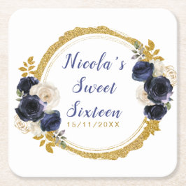 Navy Blue and Gold Elegant Flowers Sweet Sixteen スクエアペーパーコースター