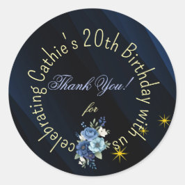 Navy Blue and Gold Floral 20th Birthday Favor Stic ラウンドシール