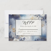 Navy Blue and Gold Floral Wedding 出欠カード (正面)