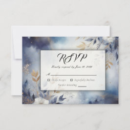 Navy Blue and Gold Floral Wedding 出欠カード