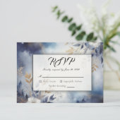 Navy Blue and Gold Floral Wedding 出欠カード (スタンド正面)