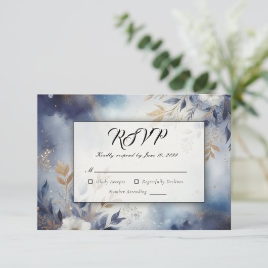 Navy Blue and Gold Floral Wedding 出欠カード (スタンド正面)