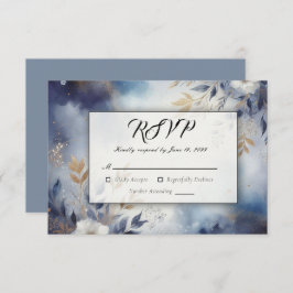 Navy Blue and Gold Floral Wedding 出欠カード