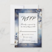 Navy Blue and Gold Floral Wedding  出欠カード (正面)