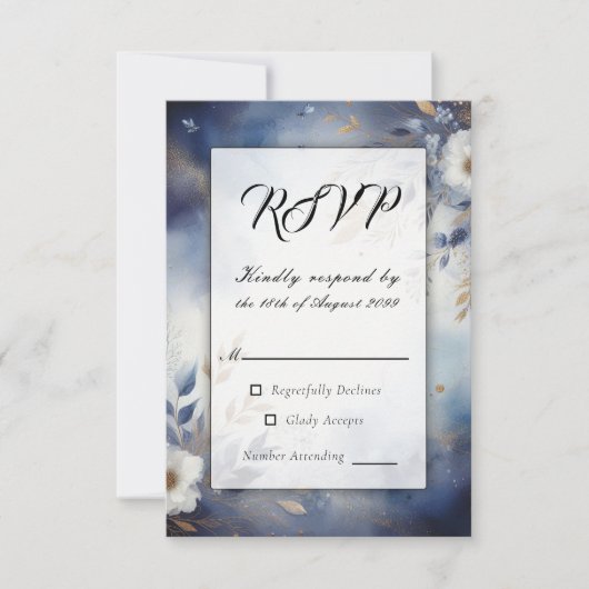 Navy Blue and Gold Floral Wedding  出欠カード (正面)