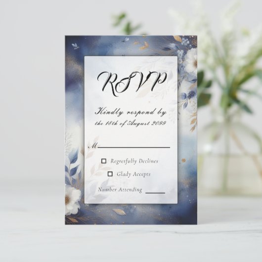 Navy Blue and Gold Floral Wedding  出欠カード (スタンド正面)