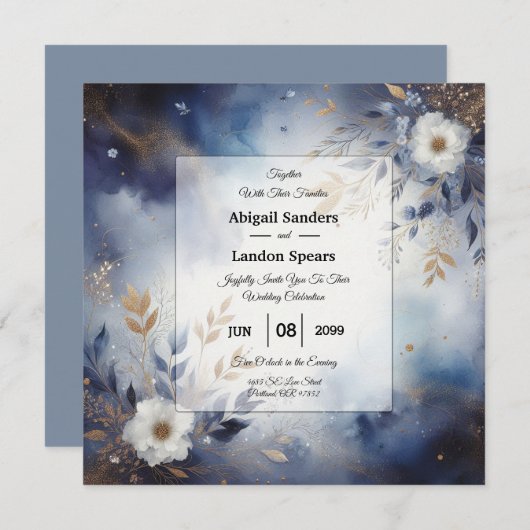 Navy Blue and Gold Floral Wedding  招待状 (正面/裏面)