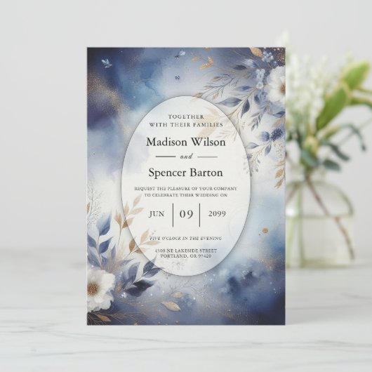 Navy Blue and Gold Floral Wedding 招待状 (スタンド正面)