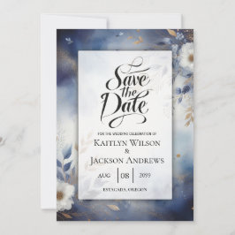 Navy Blue and Gold Floral Wedding Save the Date セーブザデート