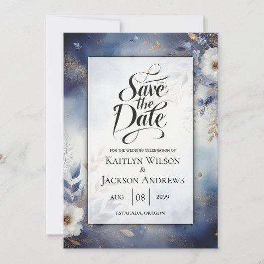 Navy Blue and Gold Floral Wedding Save the Date セーブザデート (正面)
