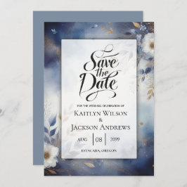 Navy Blue and Gold Floral Wedding Save the Date セーブザデート