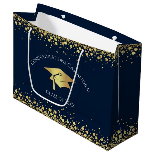 Navy Blue and Gold Graduation ラージペーパーバッグ (正面アングル)