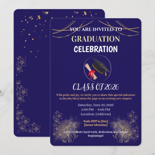 Navy Blue and Gold Graduation Party Save the Date  招待状 (正面/裏面)